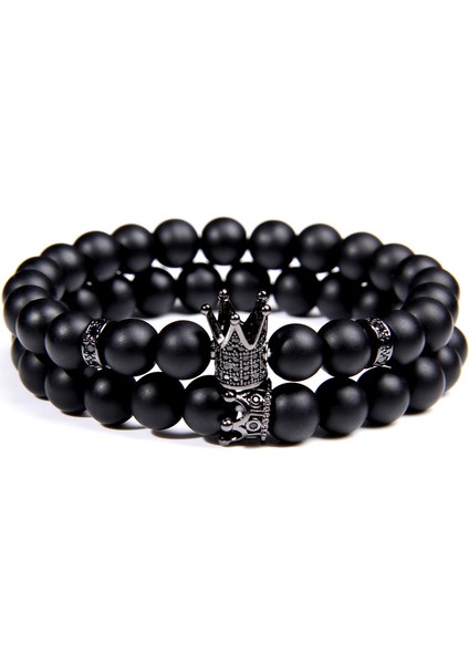 M 180-190MM Stili No.9 Boyutu Cz Taç Bilezik Seti Siyah Mat Taş Boncuklar Bracciali Femme Arkadaş Bilezikler Kadınlar Için Erkekler Takı Mens Bracciali Uomo (Yurt Dışından) fırsatları