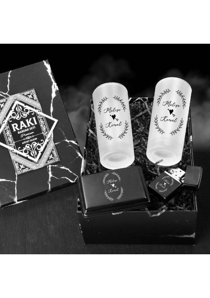 Aşk Oku Romantik Rakı Bardağı ve Sigara Seti Kutusu modelleri