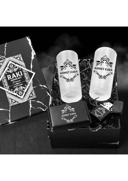 Erkeğe Hediye İsimli Rakı Bardağı ve Sigara Seti Kutusu