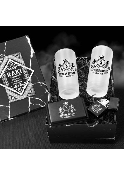 Kral Tasarımlı Kişiye Özel Rakı Bardağı ve Sigara Seti Kutusu