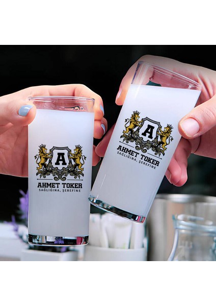 Renkli Aslan Figürlü Kişiye Özel İkili Rakı Bardağı Seti