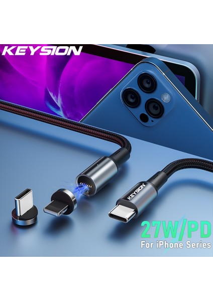 Keysıon Pd 27W Manyetik Kablo iPhone 13 12 11 Hızlı Şarj Kablosu Tip-C USB C Şarj Kablosu iPad Samsung Xiaomi Kablosu (Yurt Dışından)