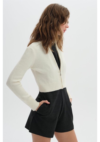 Ekru Fermuarlı Crop Triko Hırka fiyatları