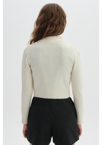 Ekru Fermuarlı Crop Triko Hırka indirimleri
