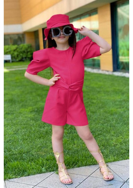 Kız Çocuk Bisiklet Yaka Yarım Kol Bel Bağlama Detaylı Fuşya Şortlu Tulum
