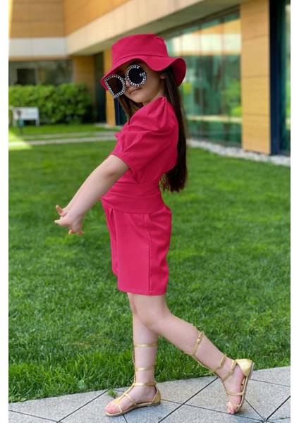 Kız Çocuk Bisiklet Yaka Yarım Kol Bel Bağlama Detaylı Fuşya Şortlu Tulum fiyatları