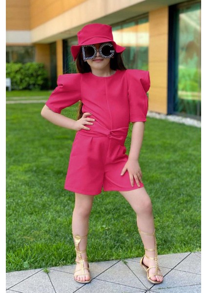 Kız Çocuk Bisiklet Yaka Yarım Kol Bel Bağlama Detaylı Fuşya Şortlu Tulum modelleri