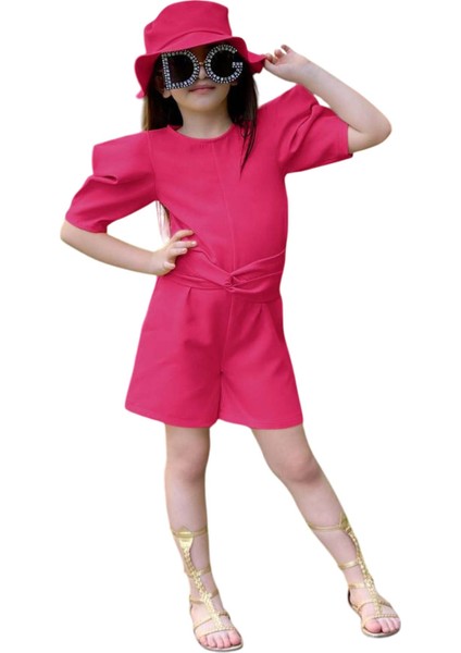 Kız Çocuk Bisiklet Yaka Yarım Kol Bel Bağlama Detaylı Fuşya Şortlu Tulum indirimleri