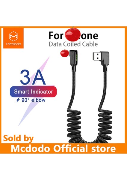 Mcdodo CA-730 USB A - Yıldırım Kablosu LED Göstergesi 90°çift Dirsek Derece Araba Yayı 3A Şarj Kablosu iPhone x 8 7 6 6s Plus Veri Aktarımı iPhone Kablosu (Siyah 1.8m) (Yurt Dışından)