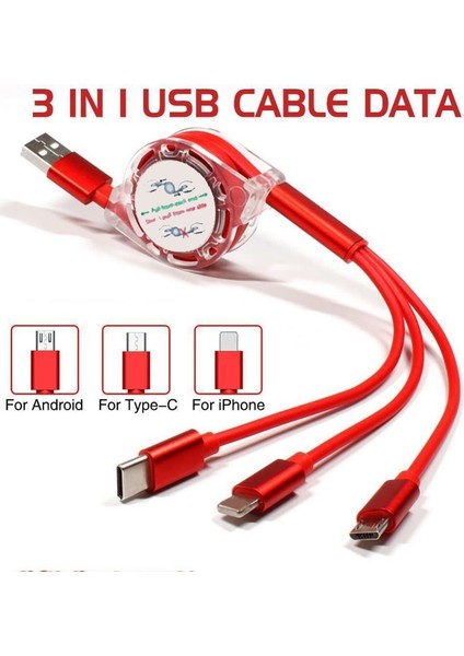 3'ü 1 Arada Teleskopik Hızlı Şarj Veri Kablosu / Android Için 5V-2,4A / iphone / Type-C Için (Yurt Dışından)