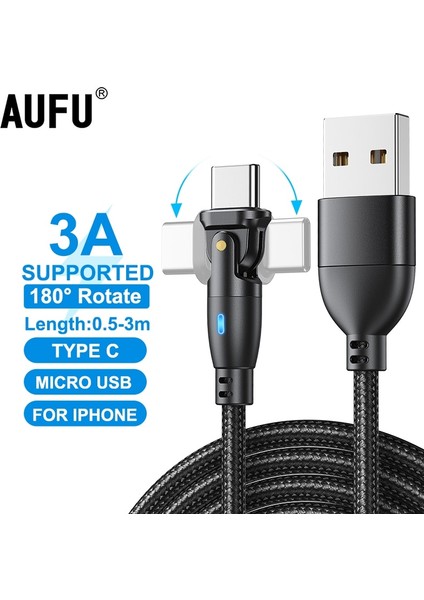 Aufu 180 Döndür USB C Tipi Kablo Hızlı Şarj Kablosu Xiaomi Poco Oneplus Huawei Için iphone Cep Cep Telefonu Şarj Cihazı Veri Kablosu (Yurt Dışından)