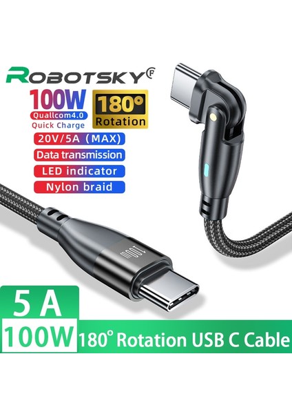 180 ° Döndürme 100W USB C'den USB C Tipi C Kablosuna 5A Hızlı Şarj Kablosu Samsung Huawei MacBook Xiaomi Şarj Cihazı Telefon Veri Kablosu (Yurt Dışından)