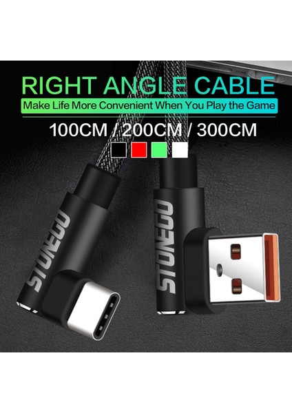 Stonego Mikro USB Kablosu 2A Hızlı Şarj Cihazı USB C Tipi Kablo Kordonu 90 Derece Dirsek Naylon Veri Kablosu Android Telefon 1m 2m 3m (Yurt Dışından)