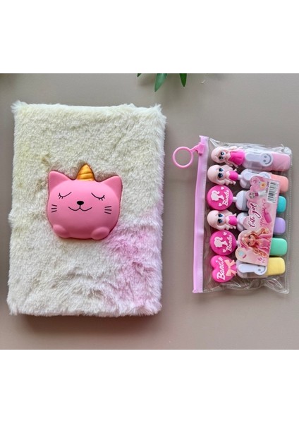 2li Set-Renkli Defter ve 6lı Mini Fosforlu Kalem Seti-Popit -Peluş Defterler-Kız Çocuk Hediye-Eğlenceli Defter Kalem Seti