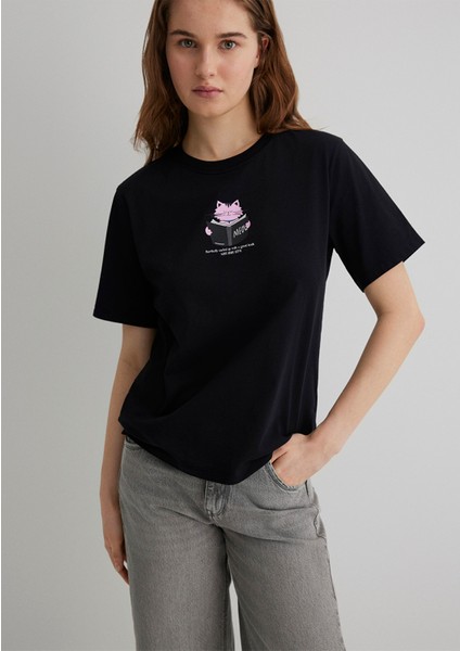 Kedi Baskılı Siyah Tişört 1613176-900