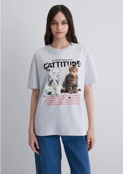 Kedi Baskılı Gri Tişört 1613097-88467 fırsatları