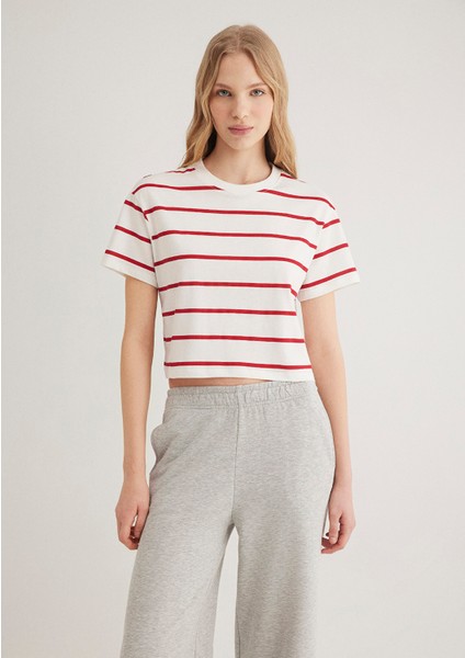 Kırmızı Çizgili Crop Tişört 1612260-86680 modelleri