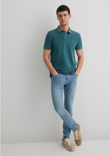 Renkli Şerit Detaylı Yeşil Polo Tişört 065920-30708