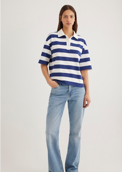 Lacivert Çizgili Beyaz Polo Tişört 1613507-90801