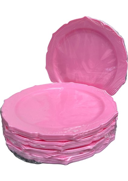 Davet Parti Sunum Doğum Günü Pembe Renkli Sert Plastik Mika Tabak - 22 cm . -6 Adetlik 5 Paket