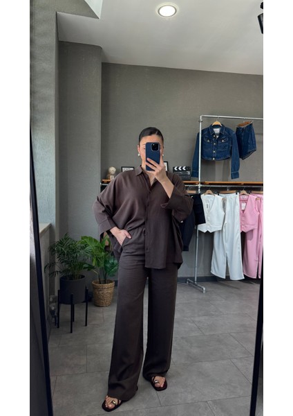 Keten Kumaş Oversize Gömlek Pantolon Takım