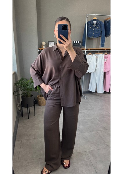 Keten Kumaş Oversize Gömlek Pantolon Takım