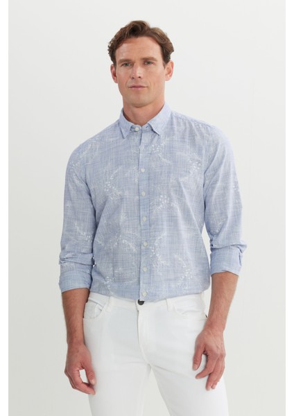 ALTINYILDIZ CLASSICS Erkek Lacivert Slim Fit Dar Kesim Gizli Düğme Yaka %100 Pamuk Baskılı Gömlek