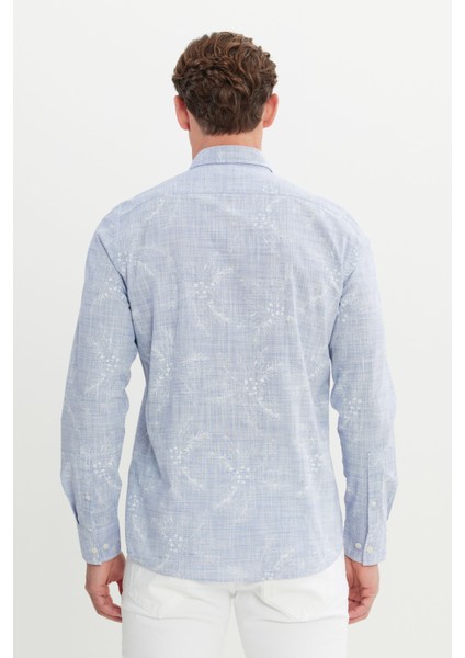 ALTINYILDIZ CLASSICS Erkek Lacivert Slim Fit Dar Kesim Gizli Düğme Yaka %100 Pamuk Baskılı Gömlek