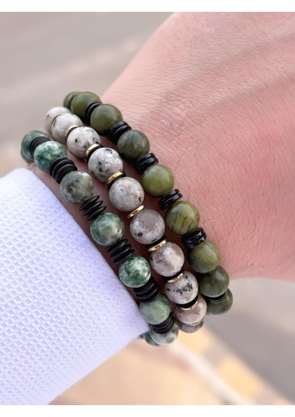 Nursaat 3 Lü Özel Tasarım Unisex Doğal Taş Bileklik Onix-Dumanlı KUVARS-MOLDAVIT09