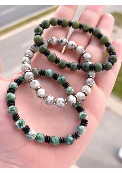 Nursaat 3 Lü Özel Tasarım Unisex Doğal Taş Bileklik Onix-Dumanlı KUVARS-MOLDAVIT09 modelleri