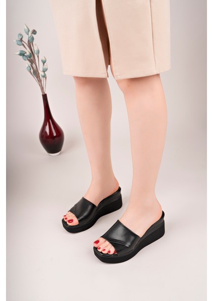 BA04265 Siyah S Kadın Katlı Parça Günlük Abiye Dolgu 7 cm Topuk Terlik - 40 fiyatları