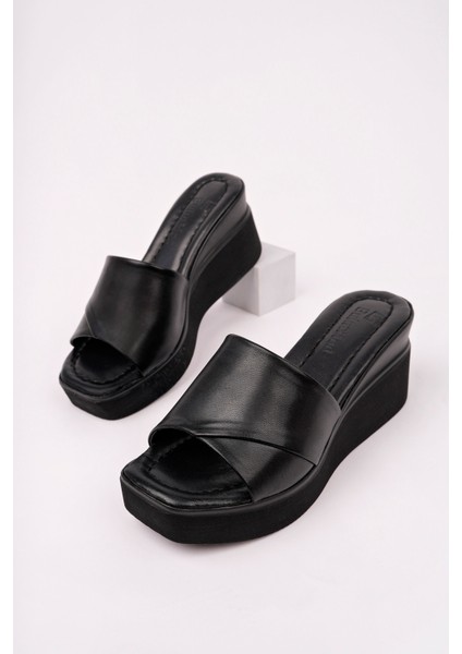 BA04265 Siyah S Kadın Katlı Parça Günlük Abiye Dolgu 7 cm Topuk Terlik - 40 modelleri