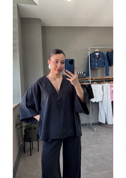 V Yaka Tensel Kumaş Önden Düğmeli Bluz modelleri