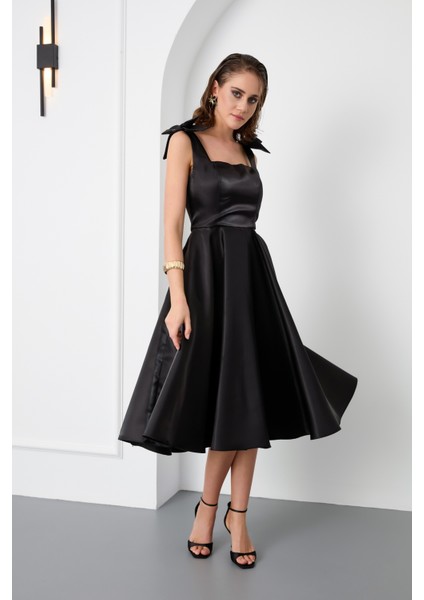 Kadın Siyah Fiyonk Detay Midi Abiye Elbise