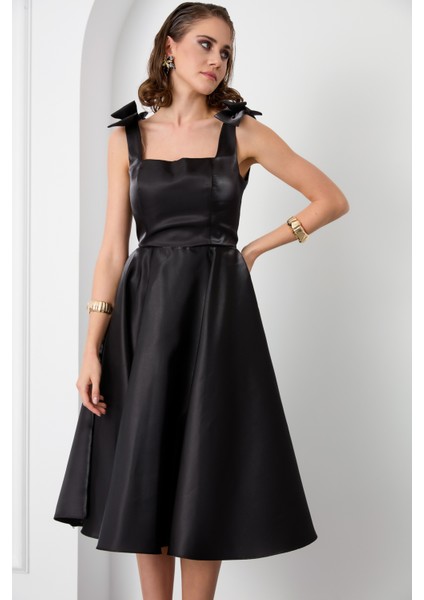 Kadın Siyah Fiyonk Detay Midi Abiye Elbise modelleri