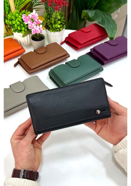 Unisex Siyah Zurich Hakiki Deri Telefon Bölmeli Cüzdan