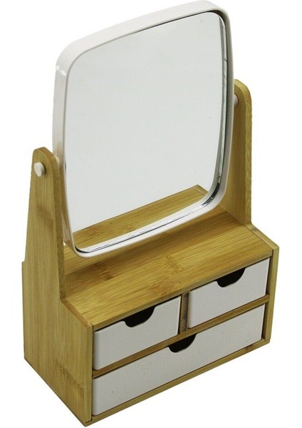 3 Çekmeceli Bambu Ahşap STANDLI=9X9.5X18X21.5 cm Makyaj AYNASI=15X18 cm Takılık 2+1 Organizer 5067