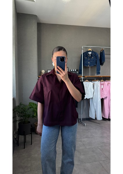 Oversize Cep Detaylı Poplin Kısa Kol Kadın Gömlek