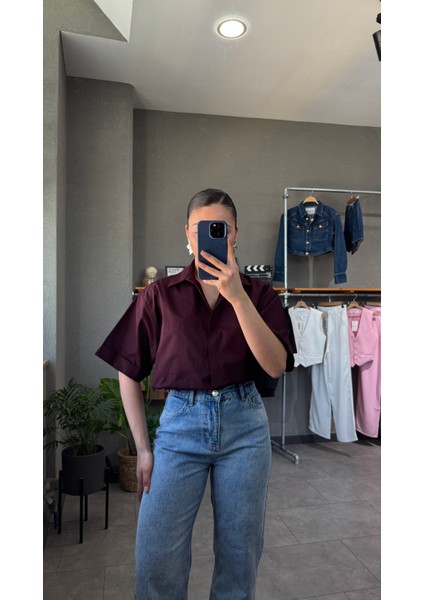 Oversize Cep Detaylı Poplin Kısa Kol Kadın Gömlek