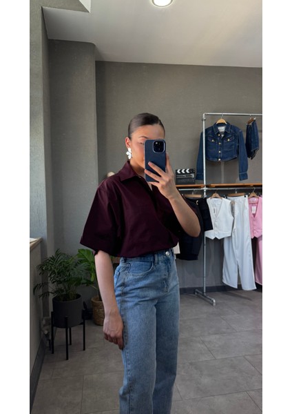 Oversize Cep Detaylı Poplin Kısa Kol Kadın Gömlek