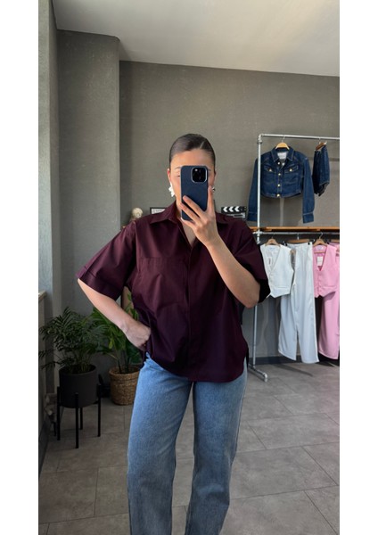 Oversize Cep Detaylı Poplin Kısa Kol Kadın Gömlek