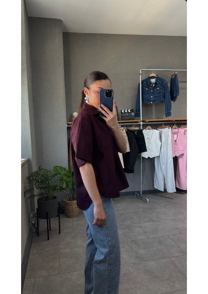 Oversize Cep Detaylı Poplin Kısa Kol Kadın Gömlek