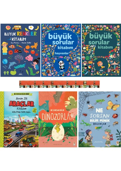 0-3 Yaş-Büyük Renkler Kitabım,büyük Sorular Kitabım,büyük Sorular Kitabım-Hayvanlar,ne Sorsan Bilir Minik-Ilk Büyük Araçlar Kitabım,ne Sorsan Bilir Minik-Böcekler, Ne Sorsan Bilir – Dinozorlar(6kitap)
