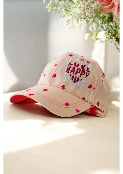(4-8 Yaş) Kalp Love Detaylı Kız Çocuk kep şapka - Pembe