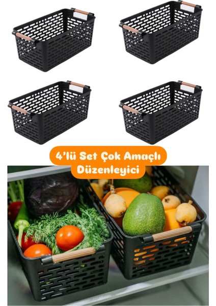 Siyah 4 Lü Çok Amaçlı Düzenleyici Sepet Seti Mutfak, Banyo, Ofis ve Dolap Içi Organizer
