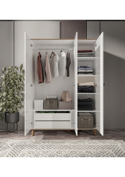 3 Kapaklı 2 Çekmeceli Aynalı Bohem Gardırop, Elbise Dolabı Beyaz modelleri