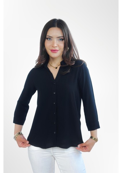 Lupinn Moda Siyah Regular Fit Viskon Düz Uzun Kollu Kadın Gömlek