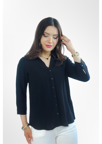 Lupinn Moda Siyah Regular Fit Viskon Düz Uzun Kollu Kadın Gömlek