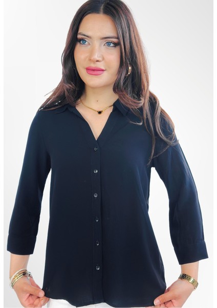 Lupinn Moda Siyah Regular Fit Viskon Düz Uzun Kollu Kadın Gömlek