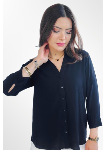 Lupinn Moda Siyah Regular Fit Viskon Düz Uzun Kollu Kadın Gömlek